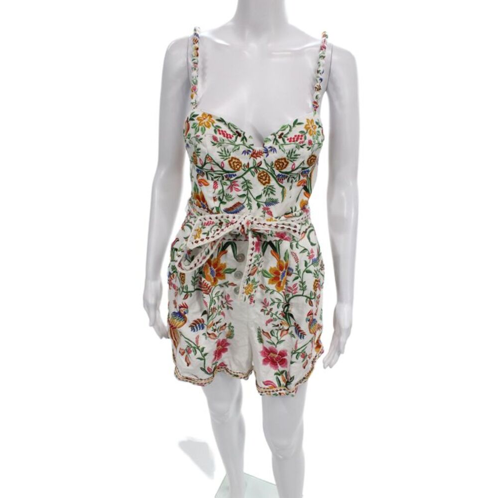 Farm Rio Women Floral Multicolor Linen Romper Sleeveless Size S